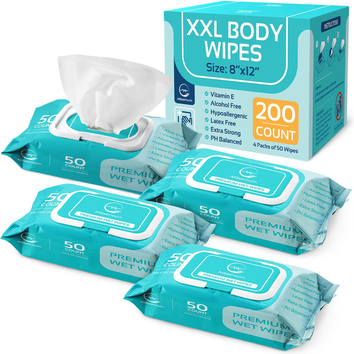 Body Wipes for Adults - XL Wet Wipes 8" x 12" (200 count) | Rinse Free Bathing Wipes - Wash Cloths for incontinence, Disposable Washcloths with Aloe Vera and Vitamin E - Camping, Elderly, Bathing