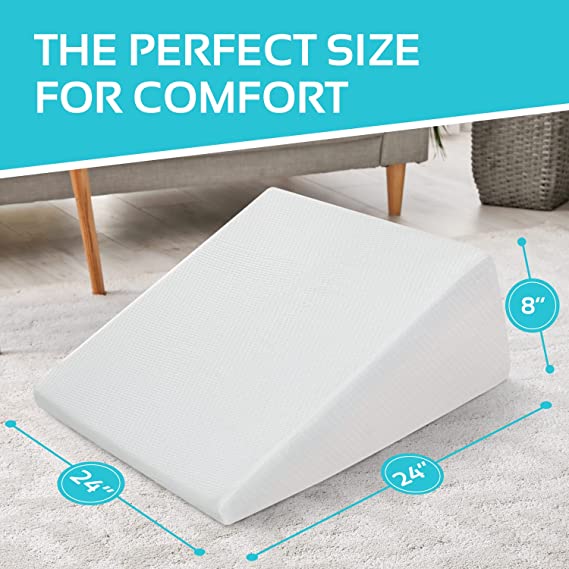 Wedge Pillow - 8 Inch Bed Wedge Pillow - 24 Inch Wide Incline Support Cushion for Lower Back Pain, Pregnancy, Acid Reflux, GERD, Heartburn, Allergies, Anti Snore – Soft Removable Cover,  Standard Width 8" Height