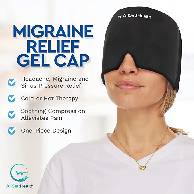 2 Pack - Migraine Relief Cap Ice Head Wrap Headache and Migraine Hat | Headache Relief with Hot/Cold Gel Head Ice Pack with Face and Eye Headache Mask Compress, 2 pack black