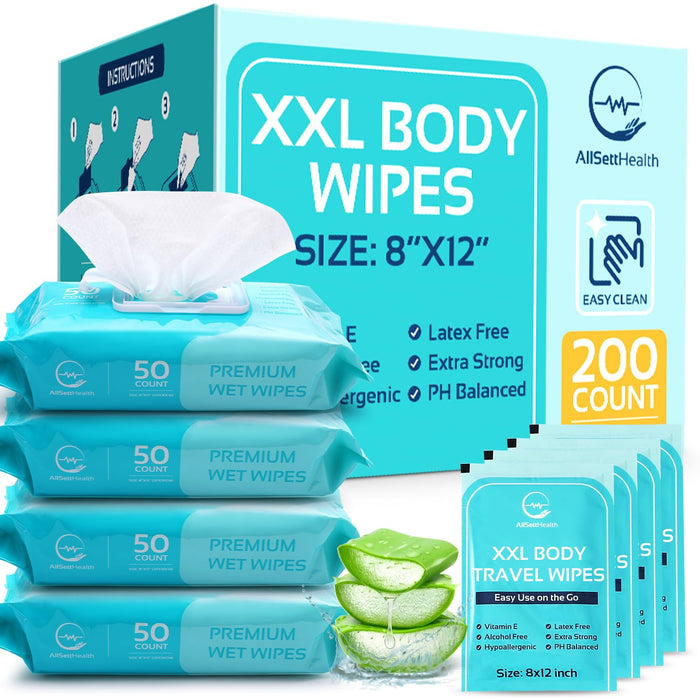 Body Wipes for Adults - XL Wet Wipes 8" x 12" (200 count) | Rinse Free Bathing Wipes - Wash Cloths for incontinence, Disposable Washcloths with Aloe Vera and Vitamin E - Camping, Elderly, Bathing