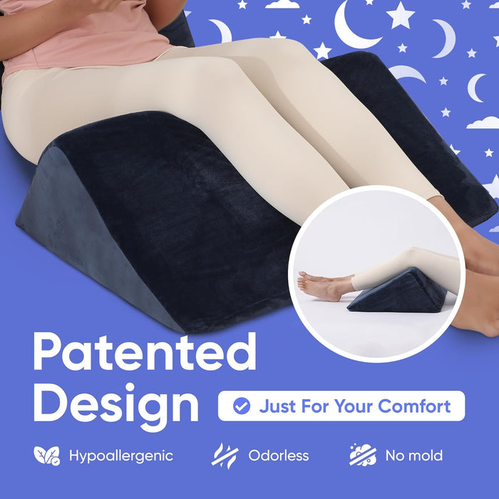 Bed Wedge Pillow – 2 Separate Memory Foam Incline Cushions, System for Legs, Knees and Back Support Pillow | Acid Reflux, Anti Snoring, Heartburn, Reading – Machine Washable, Navy