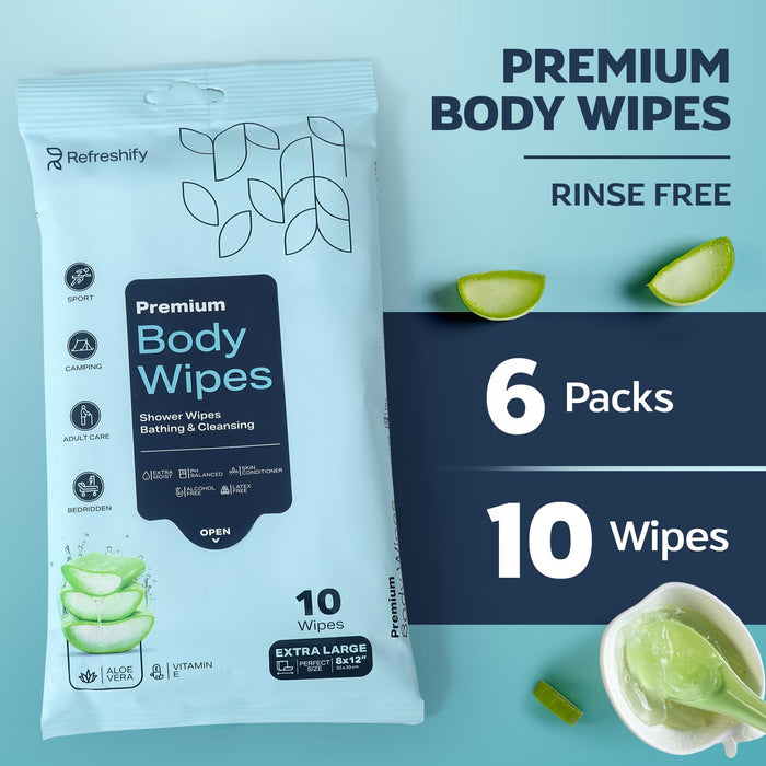 60 XL Shower Wipes – Body Wipes for Adults Bathing No Rinse – 6 Packs of 10 – Extra Moist Bath Wipes with Aloe & Vitamin E for Camping, Travel, Gym & Bedridden Care ASIN