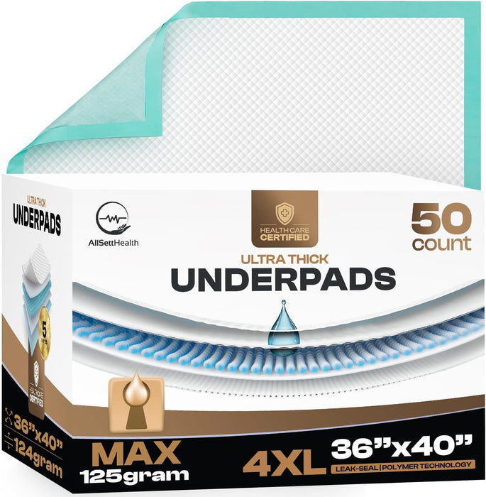 50 Count Incontinence Bed Pads Disposable 40'' x 36'' - 125 Gram Heavy Duty Super Absorbent Underpads Chucks Pads for Adults Elderly, and Pets