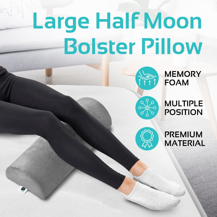 2 Pack Large Half Moon Bolster Pillow for Legs, Knees, Lower Back and Head, Lumbar Support Pillow for Bed, Sleeping | Semi Roll for Ankle and Foot Comfort - Machine Washable Cover, Grey