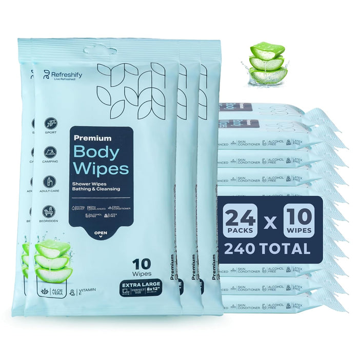240 XL Shower Wipes – Body Wipes for Adults Bathing No Rinse – 24 Packs of 10 – Extra Moist Bath Wipes with Aloe & Vitamin E for Camping, Travel, Gym & Bedridden Care