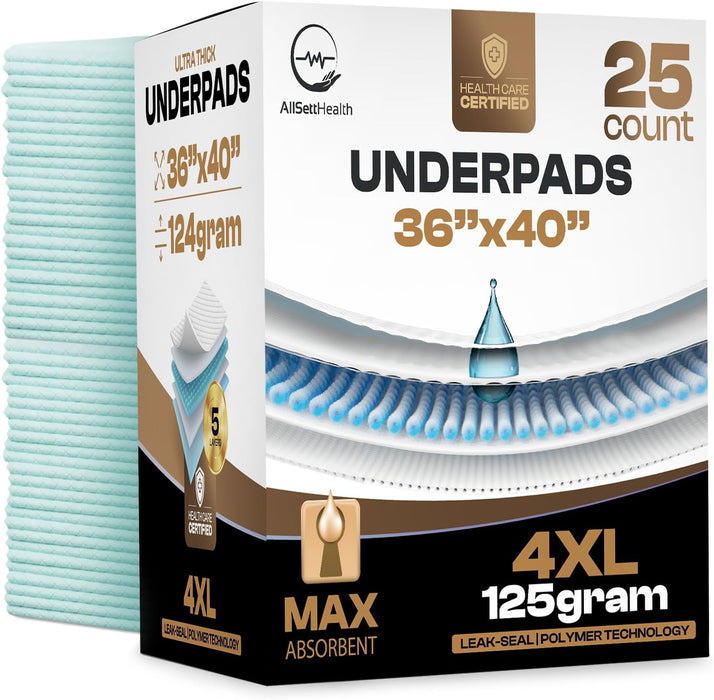 25 Count Incontinence Bed Pads Disposable 40'' x 36'' - 125 Gram Heavy Duty Super Absorbent Underpads Chucks Pads for Adults Elderly, and Pets