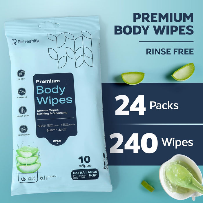 240 XL Shower Wipes – Body Wipes for Adults Bathing No Rinse – 24 Packs of 10 – Extra Moist Bath Wipes with Aloe & Vitamin E for Camping, Travel, Gym & Bedridden Care