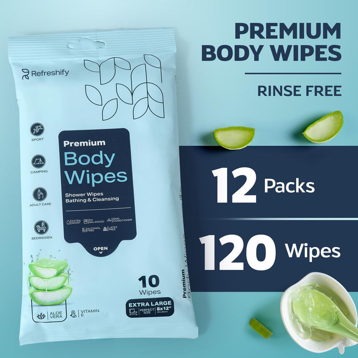 120 XL Shower Wipes – Body Wipes for Adults Bathing No Rinse – 12 Packs of 10 – Extra Moist Bath Wipes with Aloe & Vitamin E for Camping, Travel, Gym & Bedridden Care