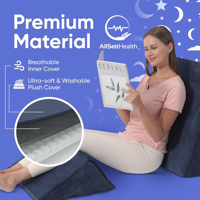 Bed Wedge Pillow – 2 Separate Memory Foam Incline Cushions, System for Legs, Knees and Back Support Pillow | Acid Reflux, Anti Snoring, Heartburn, Reading – Machine Washable, Navy