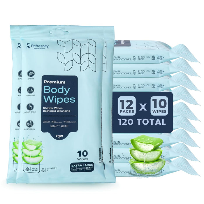 120 XL Shower Wipes – Body Wipes for Adults Bathing No Rinse – 12 Packs of 10 – Extra Moist Bath Wipes with Aloe & Vitamin E for Camping, Travel, Gym & Bedridden Care