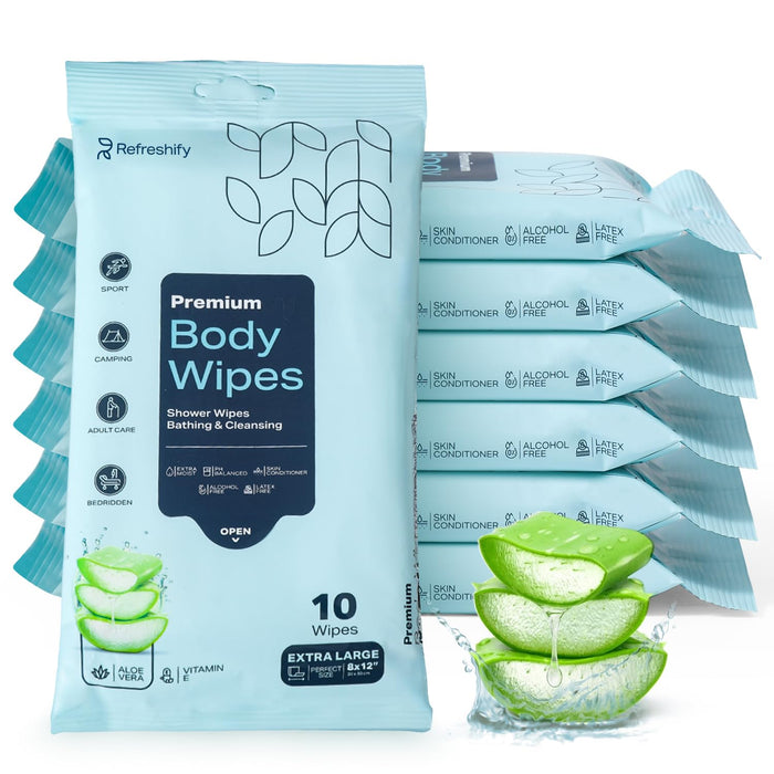 60 XL Shower Wipes – Body Wipes for Adults Bathing No Rinse – 6 Packs of 10 – Extra Moist Bath Wipes with Aloe & Vitamin E for Camping, Travel, Gym & Bedridden Care ASIN