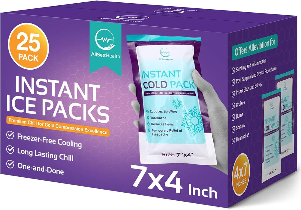 Instant Ice Cold Pack (7” x 4”) - 25 Packs Disposable Instant Ice Packs for Injuries | Cold Compress Ice Pack for Pain Relief, Swelling, First Aid, Toothache, Athletes & Outdoor Activities