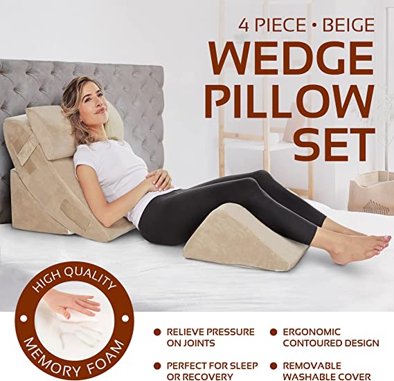 AllSett Health 4 PC Bed Wedge Pillows Set - Orthopedic Wedge Pillow for Sleeping with Memory Foam | Multi Angle Relief System for Back, Neck, Shoulder, and Leg - Machine Washable Cover