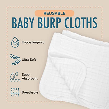 Muslin Burp Cloths 6 Pack Large 100% Cotton Hand Washcloths (Fern
