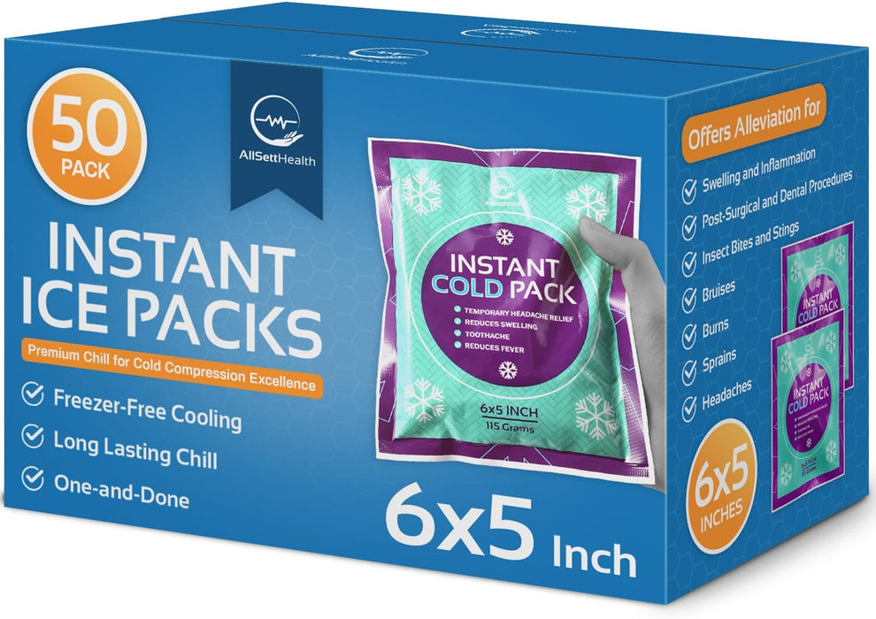 Instant Ice Cold Pack (6” x 5”) - 50 Packs Disposable Instant Ice Packs for Injuries | Cold Compress Ice Pack for Pain Relief, Swelling, First Aid, Toothache, Athletes & Outdoor Activities