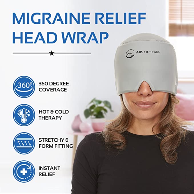 Migraine Relief Cap Ice Head Wrap Headache and Migraine Hat | Headache Relief with Hot/Cold Gel Head Ice Pack with Face and Eye Headache Mask Compress, Grey