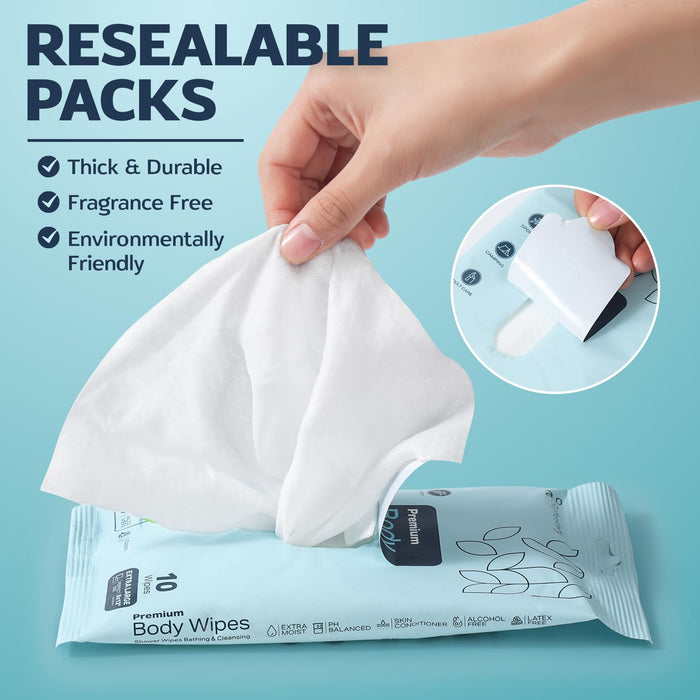 240 XL Shower Wipes – Body Wipes for Adults Bathing No Rinse – 24 Packs of 10 – Extra Moist Bath Wipes with Aloe & Vitamin E for Camping, Travel, Gym & Bedridden Care
