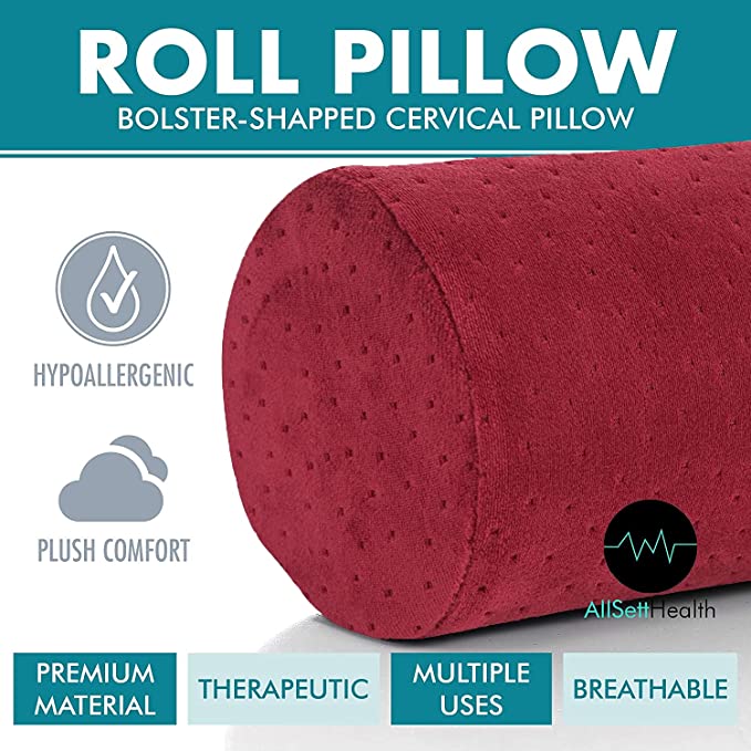 Bamboo Red Round Cervical Roll Cylinder Bolster Pillow with Removable Washable Cover, Ergonomically Designed for Head, Neck, Back, and Legs || Ideal for Spine and Neck Support During Sleep, Red