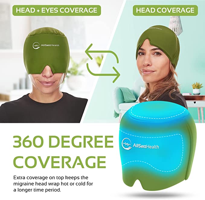 Migraine Relief Cap Ice Head Wrap Headache and Migraine Hat | Headache Relief with Hot/Cold Gel Head Ice Pack with Face and Eye Headache Mask Compress, Green