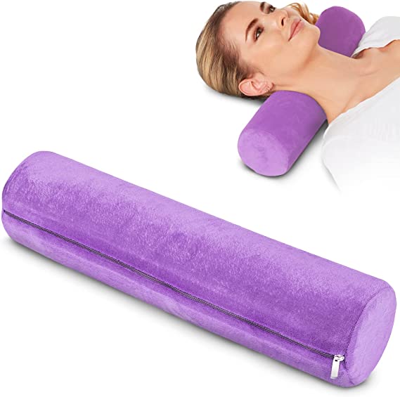 Round Cervical Roll Cylinder Bolster Pillow, Memory Foam Removable Washable Cover, Ergonomically Designed for Head, Neck, Back, and Legs || Ideal for Spine and Neck Support During Sleep, Purple