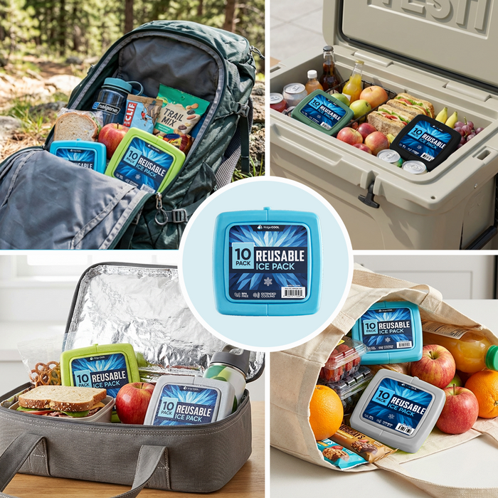 10 Pack Reusable Slim Ice Packs for Cooler, Long Lasting Freezer Packs for Camping, Beach, and Road Trips, Cooler Ice Packs BPA-Free Non-Toxic, 4.8" x 4.8"