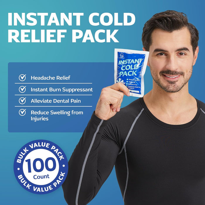 Instant Ice Cold Pack (6” x 4.5”) - 100 Packs Disposable Instant Ice Packs for Injuries | Cold Compress Ice Pack for Pain Relief, Swelling, First Aid, Toothache, Athletes & Outdoor Activities