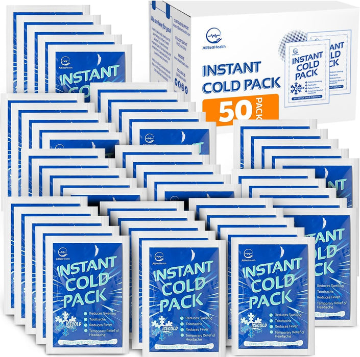 50 Packs Instant Ice Cold Pack (6” x 4.5”) - Disposable Instant Ice Packs for Injuries | Cold Compress Ice Pack for Pain Relief, Swelling, First Aid, Toothache, Athletes & Outdoor Activities