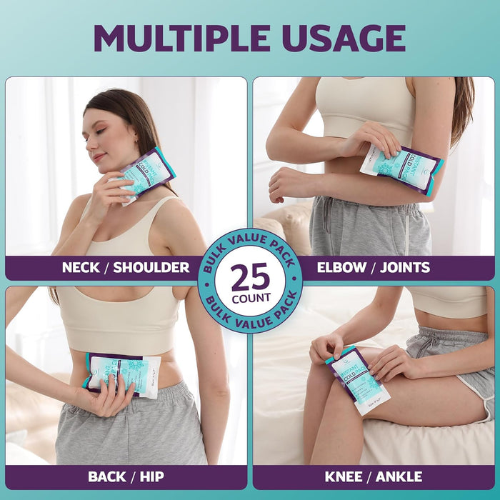 Instant Ice Cold Pack (7” x 4”) - 25 Packs Disposable Instant Ice Packs for Injuries | Cold Compress Ice Pack for Pain Relief, Swelling, First Aid, Toothache, Athletes & Outdoor Activities