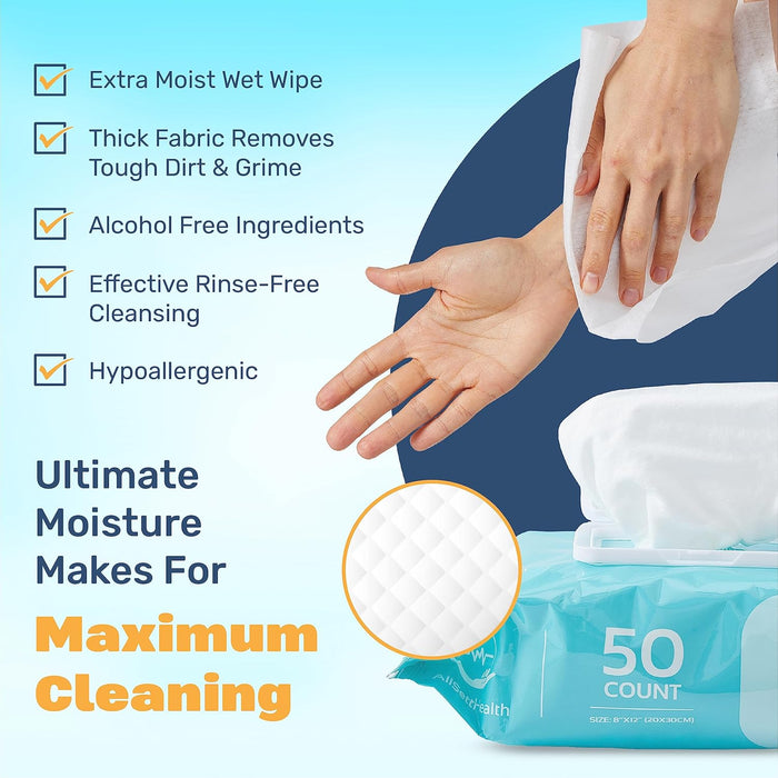 Body Wipes for Adults - XL Wet Wipes 8" x 12" (50 count) | Rinse Free Bathing Wipes - Wash Cloths for incontinence, Disposable Washcloths with Aloe Vera and Vitamin E - Camping, Elderly, Bathing