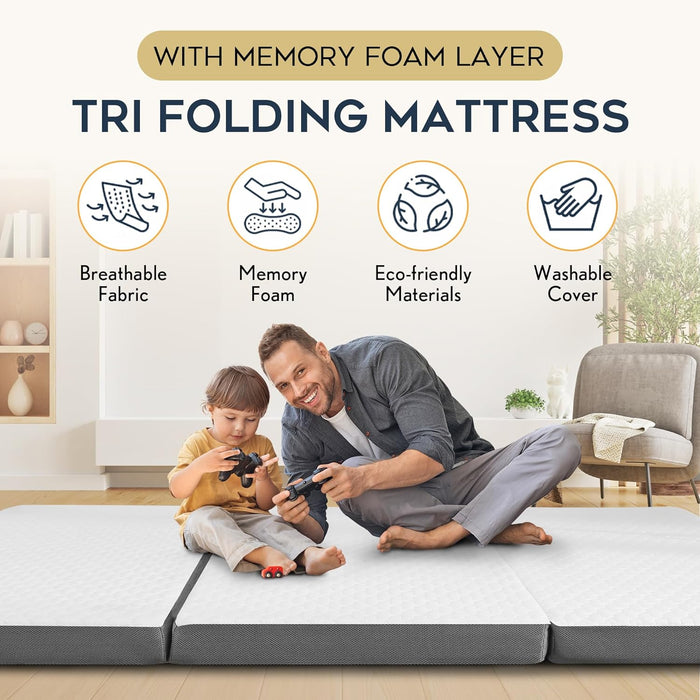 Single Tri Folding Mattress with Memory Foam Layer - Trifold Foldable Bed Mattress with Washable Cover | Non-Slip Bottom Camping Floor Mattress Perfect Guest Bed, Single 75" x 25" x 4"