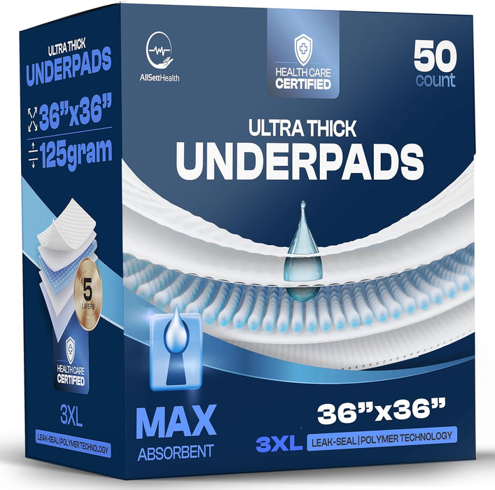 50 Pack Incontinence Bed Pads Disposable for Adults 125 Gram - 3XL 36" x 36" Super Absorbent Waterproof Bed Liner, Pee Pads for Adults - Chucks Pads