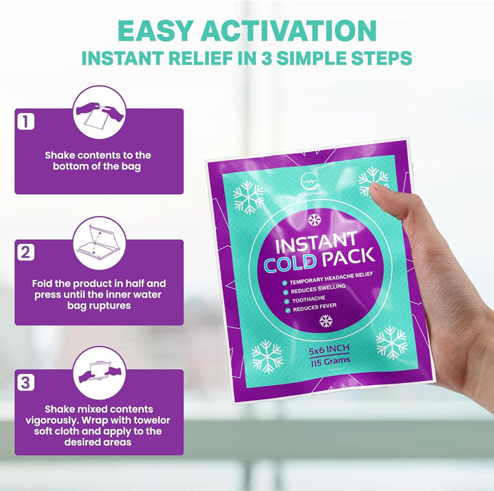 Instant Ice Cold Pack (6” x 5”) - 25 Packs Disposable Instant Ice Packs for Injuries | Cold Compress Ice Pack for Pain Relief, Swelling, First Aid, Toothache, Athletes & Outdoor Activities