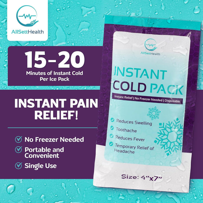 Instant Ice Cold Pack (7” x 4”) - 25 Packs Disposable Instant Ice Packs for Injuries | Cold Compress Ice Pack for Pain Relief, Swelling, First Aid, Toothache, Athletes & Outdoor Activities