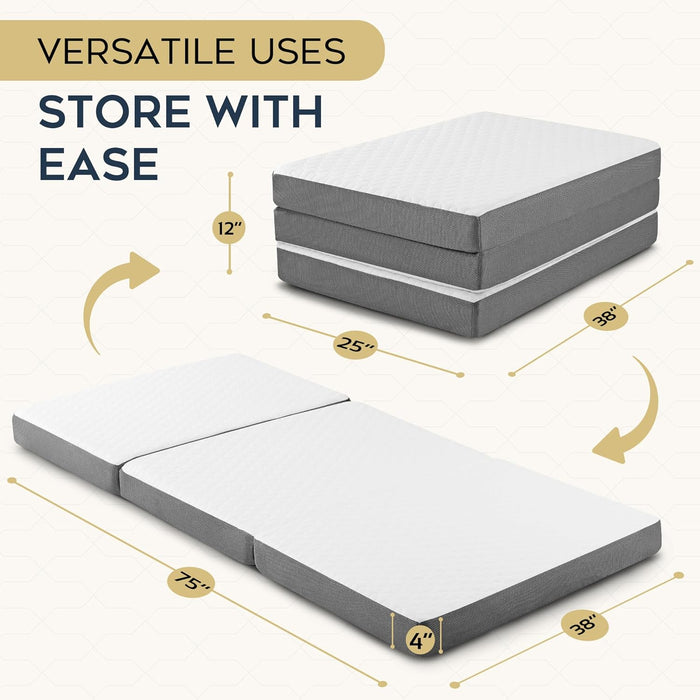 Tri-Fold Twin Memory Foam Mattress – Portable Guest Bed with Washable Cover