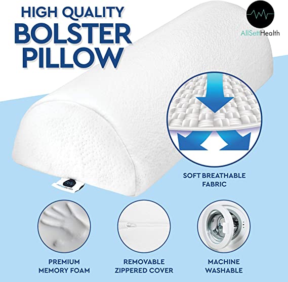 AllSett Health 2 Pack - XXL Half Moon Bolster Pillow for Legs, Back and Head | Semi Roll for Ankle and Foot Comfort with White Cotton Machine Washable Cover | Premium Memory Foam | 2 Pillow System