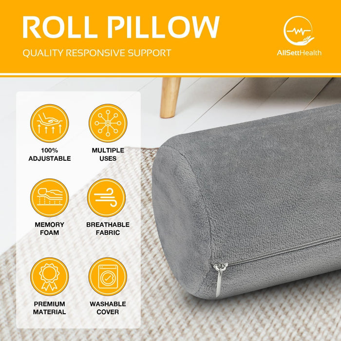 AllSett Health Cervical Neck Roll Memory Foam Pillow, Bolster Pillow, Round Neck Pillows Support for Sleeping | Bolster Pillow for Bed, Legs, Back and Yoga, Grey