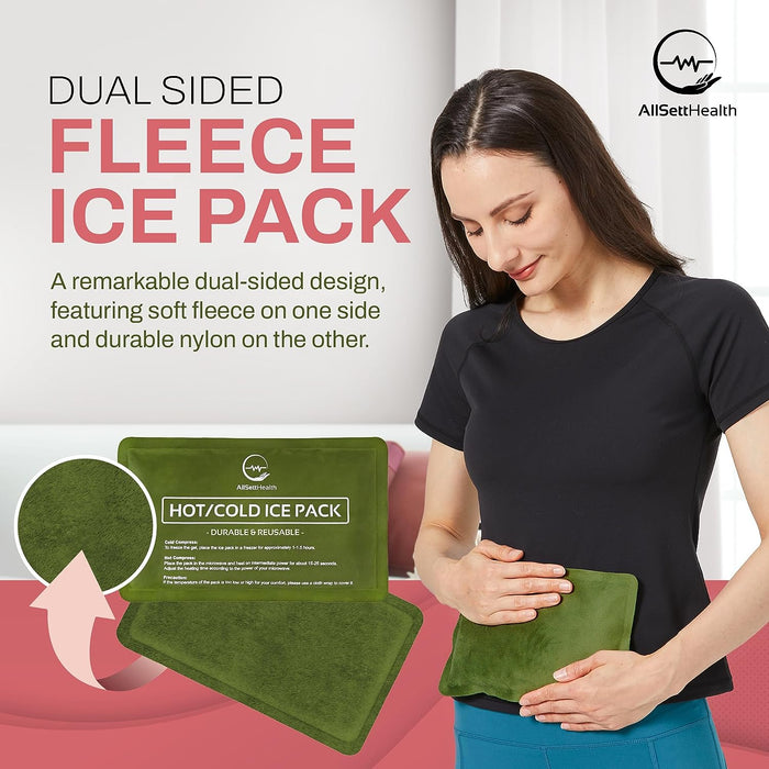 2 Pack Reusable Ice Packs for Injuries - Soft Ice Pack with Velvet Soft Fleece Fabric | Flexible Hot and Cold Gel Ice Pack Set- Cold Packs for Injuries, Knee, Back, Neck Pain - 10 x 6, Green