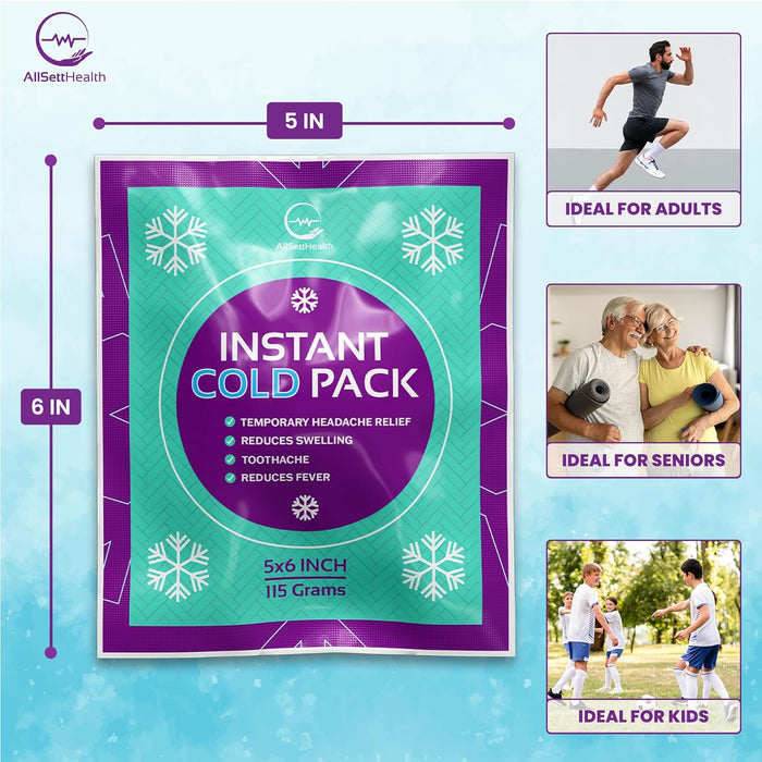Instant Ice Cold Pack (6” x 5”) - 50 Packs Disposable Instant Ice Packs for Injuries | Cold Compress Ice Pack for Pain Relief, Swelling, First Aid, Toothache, Athletes & Outdoor Activities