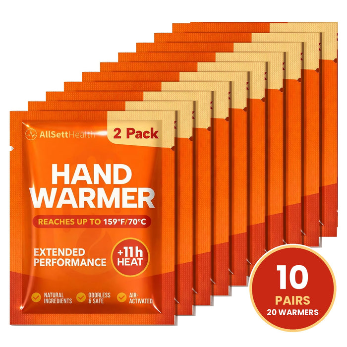 AllSett Health Hand Warmers 10 Pairs (20 Warmers), 11 Hour Air-Activated Disposable Heat Packs for Pockets & Gloves, Odorless Portable Warmers for Skiing, Hunting, Camping, Fishing & Winter Sports