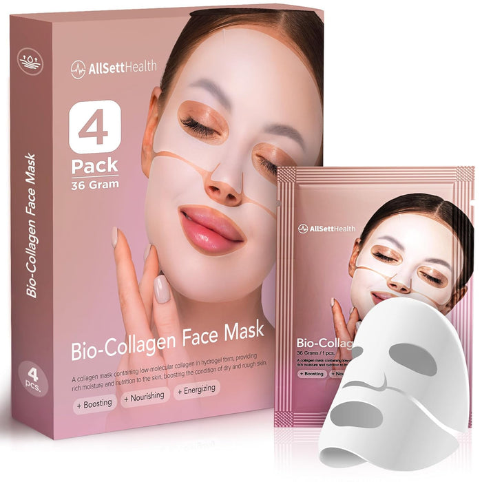 AllSett Health Bio Collagen Face Mask Skin Care Deep Collagen Overnight Mask 36g Mask (4 Pack) | Korean Technology Skincare Pure Collagen with Pore Minimizing Deep Hydrating Firming Hydrogel