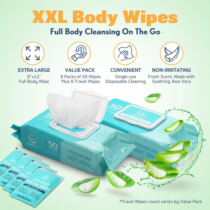 Body Wipes for Adults - XL Wet Wipes 8" x 12" (400 count) + 8 Travel Wipes | Rinse Free Bathing Wipes - Wash Cloths for Incontinence, Disposable Washcloths with Aloe Vera - Camping, Elderly, Bathing