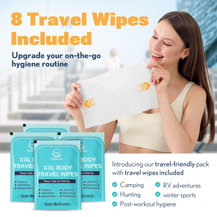 Body Wipes for Adults - XL Wet Wipes 8" x 12" (400 count) + 8 Travel Wipes | Rinse Free Bathing Wipes - Wash Cloths for Incontinence, Disposable Washcloths with Aloe Vera - Camping, Elderly, Bathing