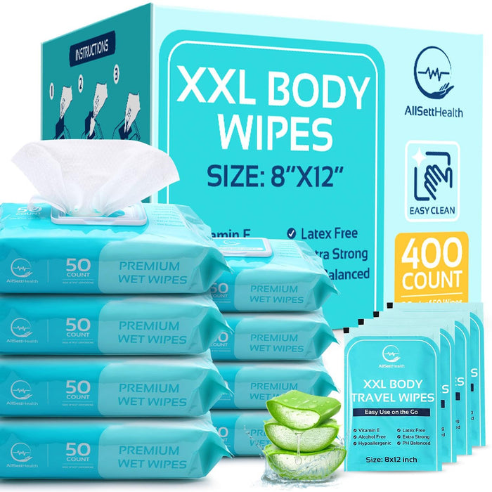 Body Wipes for Adults - XL Wet Wipes 8" x 12" (400 count) + 8 Travel Wipes | Rinse Free Bathing Wipes - Wash Cloths for Incontinence, Disposable Washcloths with Aloe Vera - Camping, Elderly, Bathing