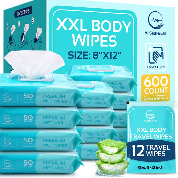 Body Wipes for Adults - XL Wet Wipes 8" x 12" (600 count) | Rinse Free Bathing Wipes - Wash Cloths for incontinence, Disposable Washcloths with Aloe Vera and Vitamin E - Camping, Elderly, Bathing