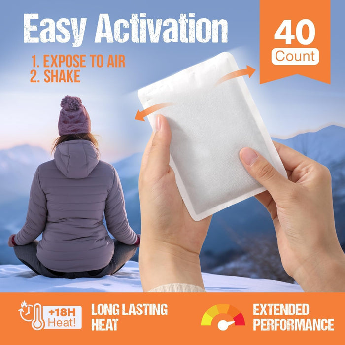 Natural Large Hand & Body Warmers 40 Pairs - Air Activated 18 Hours of Consistent Natural Heat Handwarmers Bulk - Disposable Quick & Easy Activation | Portable Odor-Free Warmth for Hands