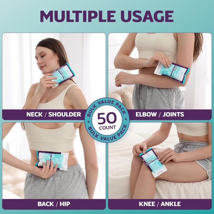 Disposable Instant Ice Packs for Injuries 50 Packs (7” x 4”) | Instant Ice Cold Pack - Cold Compress Ice Pack for Pain Relief, First Aid Essential, Swelling, Toothache, Athletes & Outdoor Activities