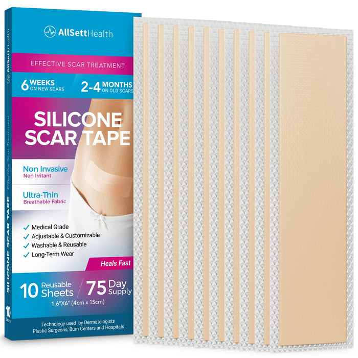 10 Pack Silicone Sheets for Scars, Post Surgery, Tummy Tuck, C-Section Recovery, Keloid Bump Removal, Stretch Marks Removal, Face Acne, Silicone Tape for Scars, Silicone Scar Sheets, (6” x 1.6”)