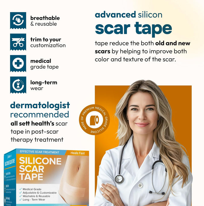 Silicone Scar Tape Reusable Sheets (120” x 1.6”) Medical Grade Silicone Scar Sheets for Surgical Scars, Burns, Tummy Tuck, Keloid, C-Section - Cut to Size Scar Treatment