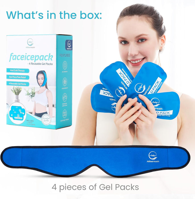 Face Ice Pack Wrap for TMJ Relief, Wisdom Teeth, Jaw, Head and Chin, 4 Reusable Hot and Cold Gel Packs, Pain Relief for Mouth, Oral and Facial Surgery