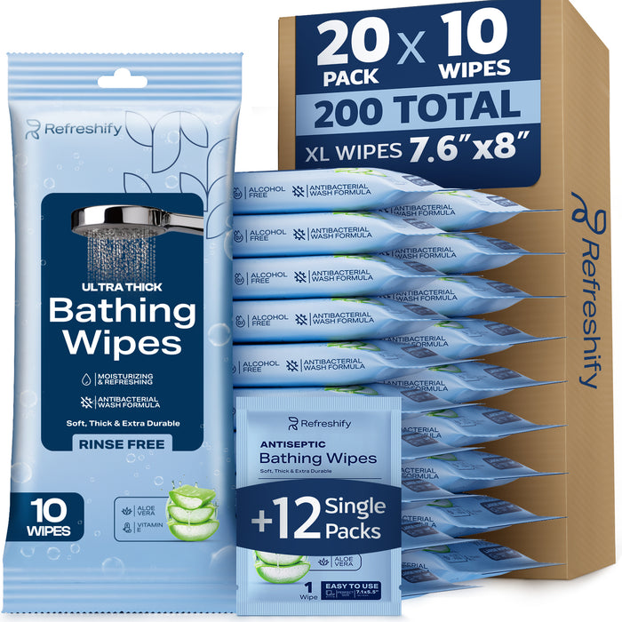 Ultra Thick Shower & Bath Wipes – 200 No Rinse Body Wipes (+ 12 Individual Wipes)